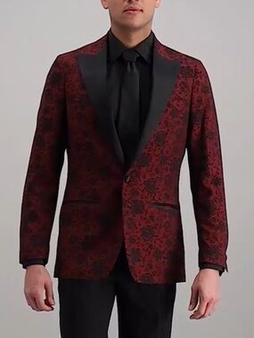 Haggar Tuxedo Jacket Red Floral Jacquard Blazer Black Satin Shawl Lapel Sport